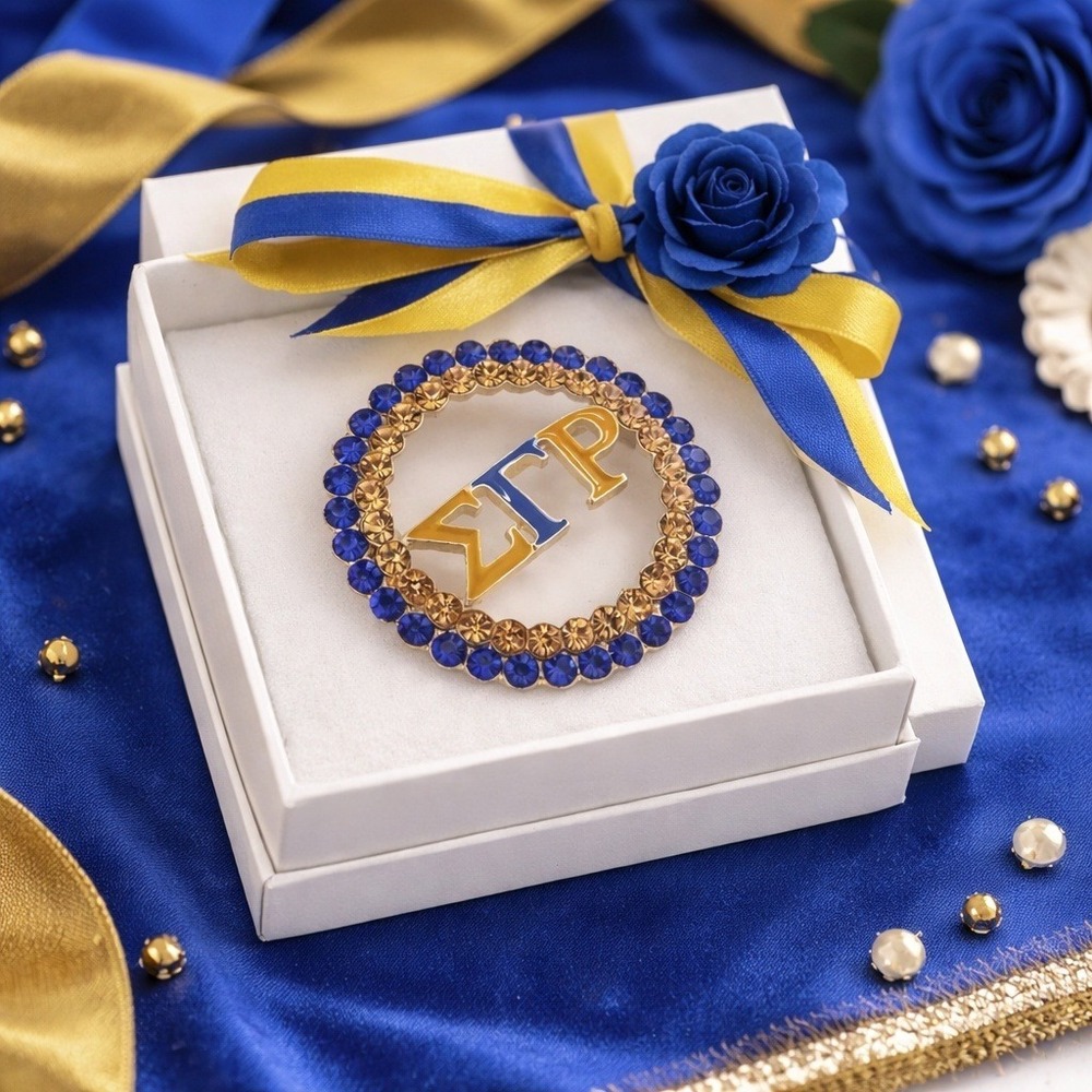 Sigma Gamma Rho Brooch with Blue and Yellow Rhinestones